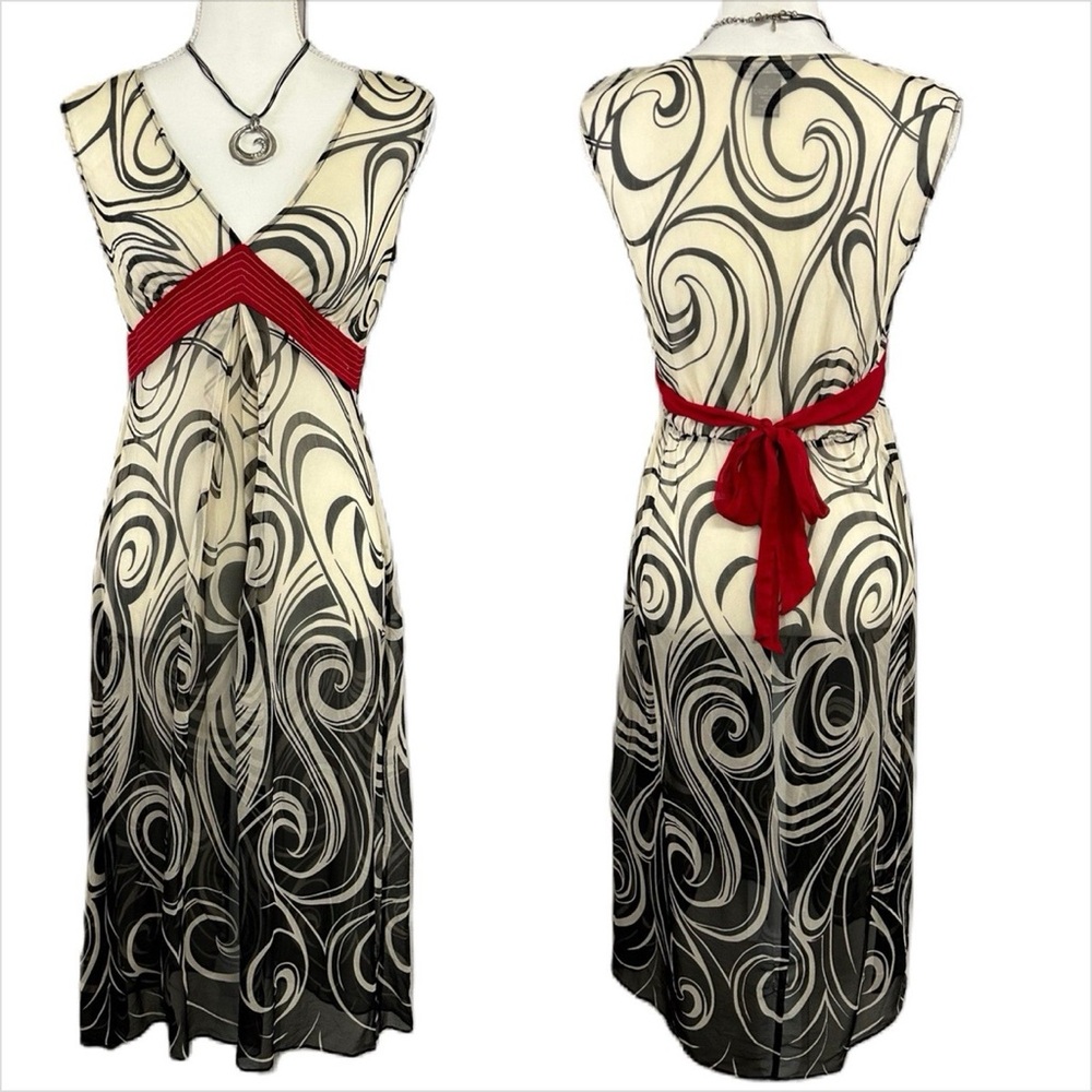 Elegant Swirl Pattern Midi Dress with Red Accent